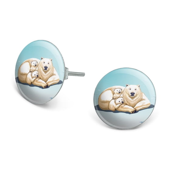 Polar Bear Mom with Cubs Family Novelty Silver Plated Stud Earrings