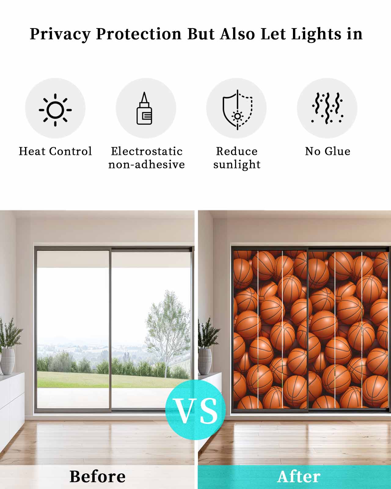 Basketball Window Privacy Film Stained Glass Window Film Decorative Windows Cover Static Windows Cling for Glass Door Sports Brown Basketball Stickers for Bathroom 35.4"x78.7"