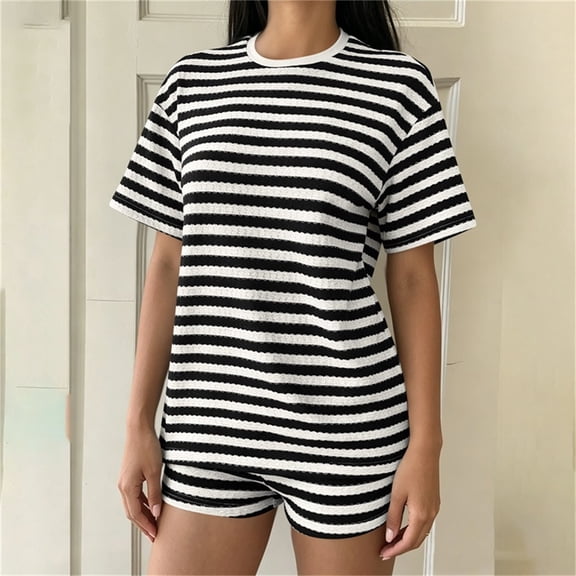 Costeam Womens Striped Outfit Set Short Sleeve Crew Neck Tee and Shorts Casual Textured Knit Loungewear Loose Fit Summer Matching Set