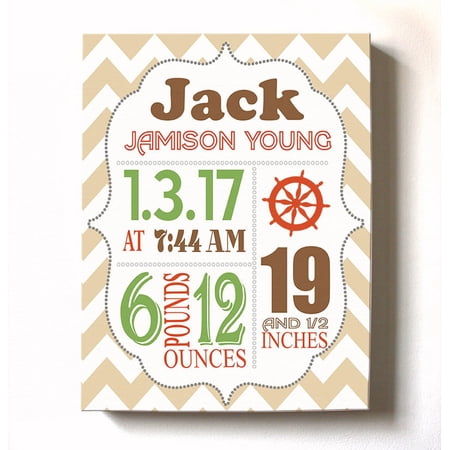 Personalized Canvas Birth Announcement Nursery Decor Gift, Nautical Design, Custom Name, Date, Weight & Length, Unique Boys & Girls Baby Shower Wall Art Presents, Color Tan, Size - 8X10