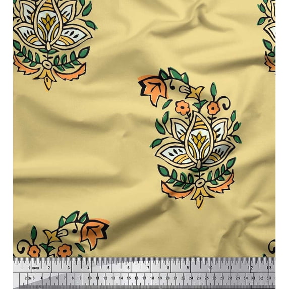Soimoi Rayon Crepe Fabric Leaves & Floral Block Print Fabric by Yard 46 Inch Wide