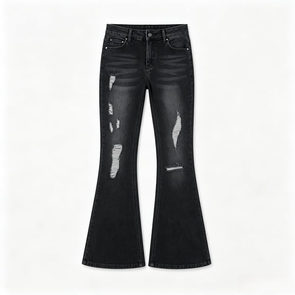 Women and Teen High Waist Ripped Flare Jeans, Black Washed Distressed Bell Bottom Denim Pants, High Stretch, Slim Fit, XS‑XXL for Street Outfits