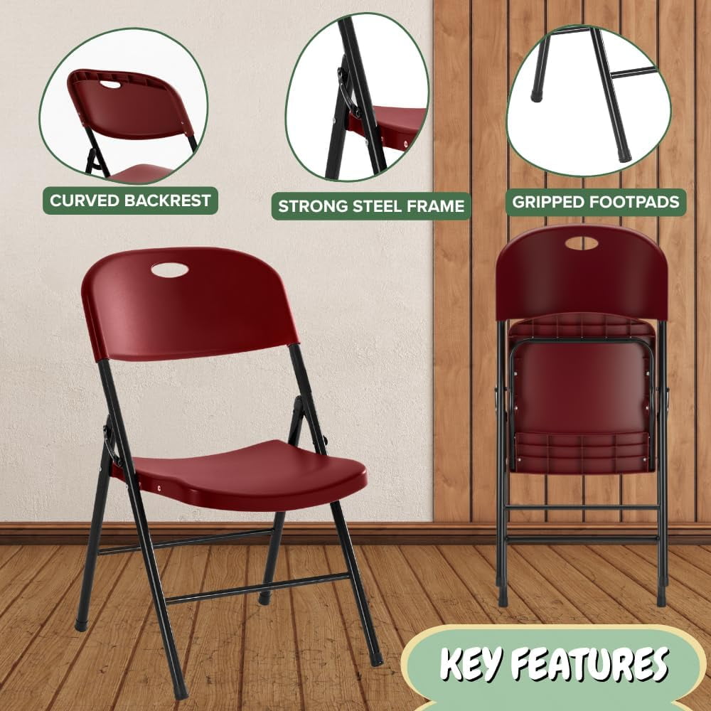 CYCLONE S·O·U·N·D Heavy Duty Plastic Foldable Chair for Adults, Portable Folding Chair for Patio, Backyard, Party, or Wedding — Comfortable Stackable Outdoor Chair, Red (2 Pack)