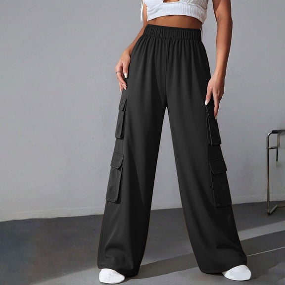ClodeEU Women's High Waist Wide Leg Cargo Pants, Elastic Waist Casual Streetwear Trousers with Pockets Black,Women's Plus L