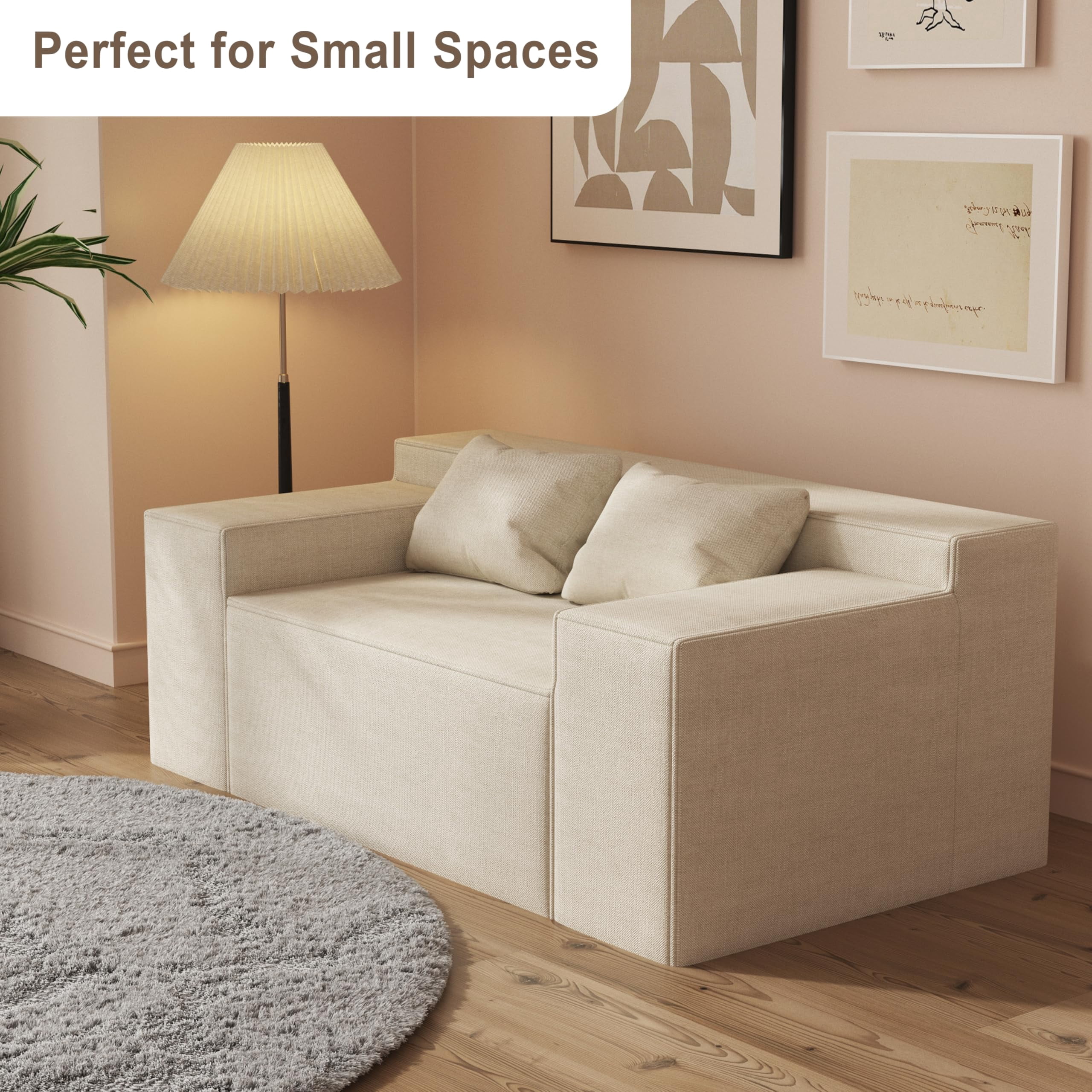 Modern Loveseat, Sofa Couch in a Box, No Assembly Needed, with 2 Pillows, Cat-Scratch Resistant Linen,Small Sofa for for Small Space, Living Room, Bedroom,Beige