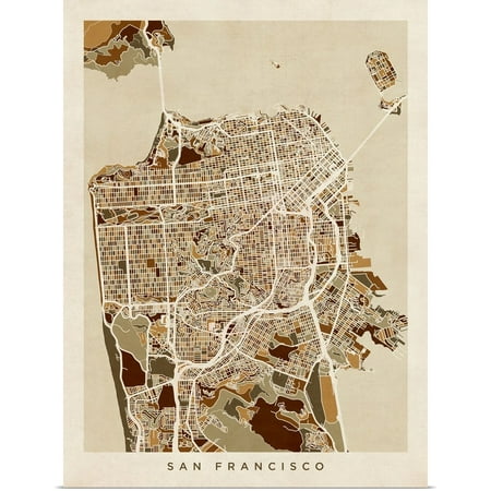 Twin Cities Street Map Great BIG Canvas | Rolled Michael Tompsett Poster Print entitled San Francisco City Street Map ()