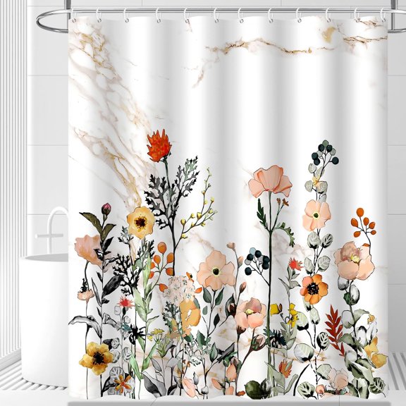 72" x 72" Colorful Spring Floral Shower Curtain Set Wildflower Flower Plant Leaves Marble Waterproof Bathroom Home Decor with 12 Hooks