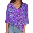 thumbnail image 1 of Gibobby Playera de manga corta con cuello en V Top manga corta con cuello en V y manga 3/4 con estampado cuadros irregulares para mujer(Morado,CH), 1 of 5