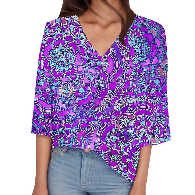 Gibobby Playera de manga corta con cuello en V Top manga corta con cuello en V y manga 3/4 con estampado cuadros irregulares para mujer(Morado,CH)