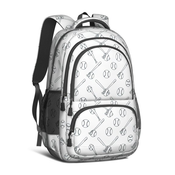 Baseballs Bats White Pattern Backpack for School, Cute School Bag with Adjustable Shoulder Straps and Padded Back, 16.9"x12.6"x5.9"