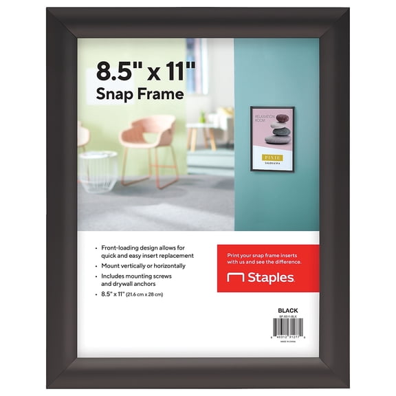 Staples Snap Frame Poster Holder 8.5" x 11" Wall Mounted Black Metal (SF-8511-BLK)