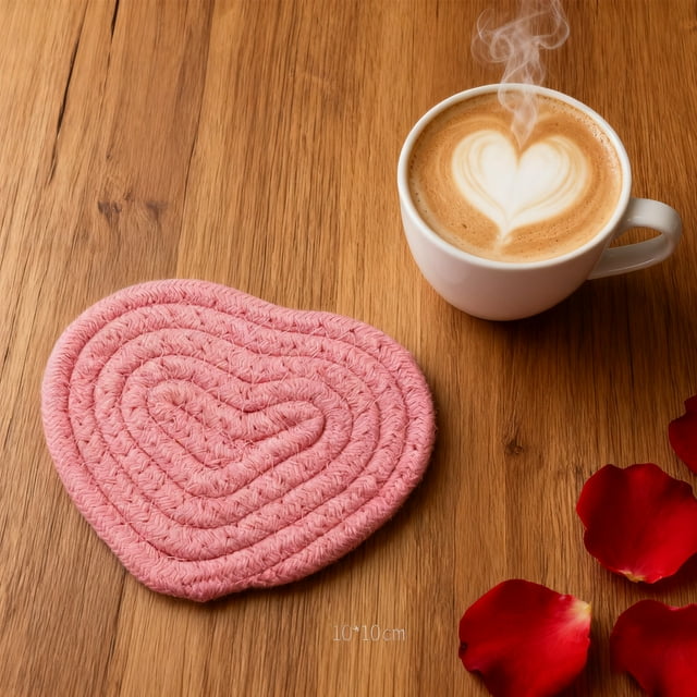 Birdeem Heart Coaster Set,Heat Insulating Woven Coaster for Table Decor,Valentines Day Gift Idea,Decorative and Functional Placemat