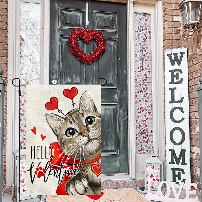 Valentines Day Cat Garden Flag Hello Valentine Double Sided for Outside Small Burlap Red Holiday Yard Decoration