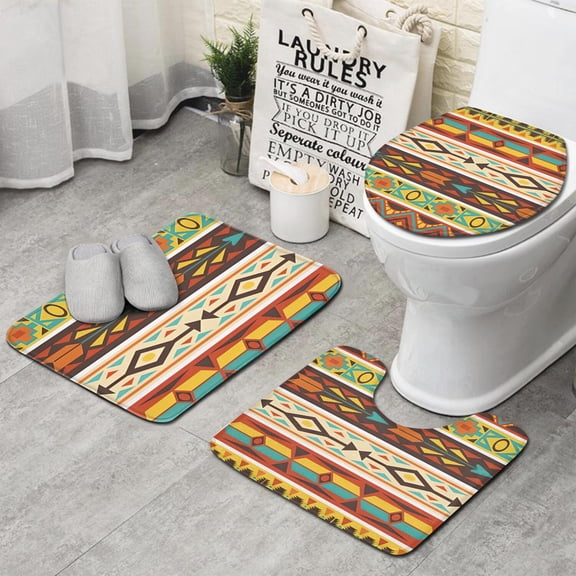 Ethnic Geometric Striped Pattern Bathroom Rugs Sets 3 Piece,Toilet Cover Set,Absorbent Non Slip Bathroom Mats Sets with U-Shaped Contour Rug Toilet Rug Set