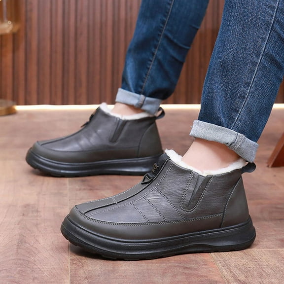 SYMOID Mens Gray Fleece Lined Winter Casual Shoes - Non-Slip Slip-on Mid-Top Pu Faux Leather Thick Cushioned Sole for Daily Commute & Light Outdoor Activities,Size 40