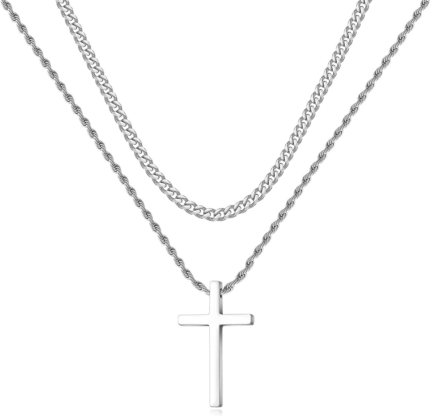 Stainless Steel Cross Necklaces for Men Layered Cuban Link Chain Rope