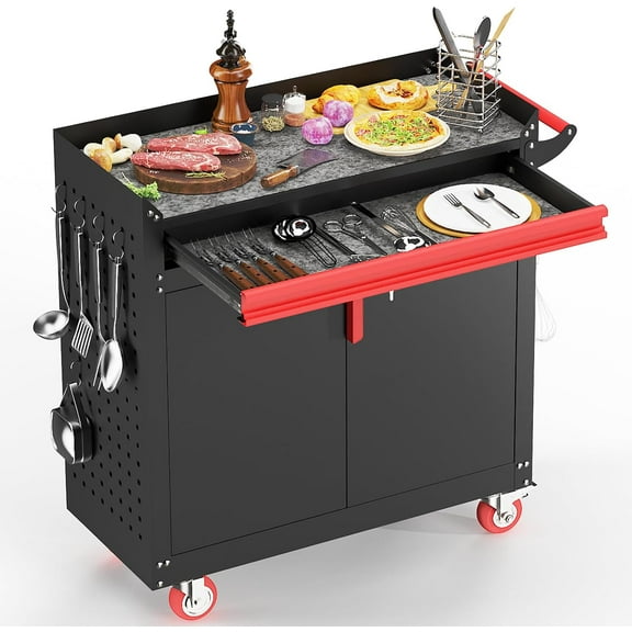 Metal Grill Cart - Outdoor Grill Cart with Storage,Grill Table with Wheels,Outdoor Bar Cart with Adjustable Shelf for Kitchen Prep and Patio BBQ