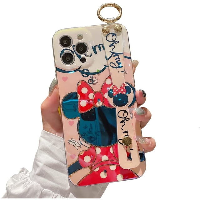 Funda para iPhone 13 Pro Max con correa para la muñeca, función atril, purpurina, dibujos animados, IMD, TPU suave, a prueba de golpes, funda protectora para niñas y mujeres, Minnie Ormromra CZDZ-HY231-2