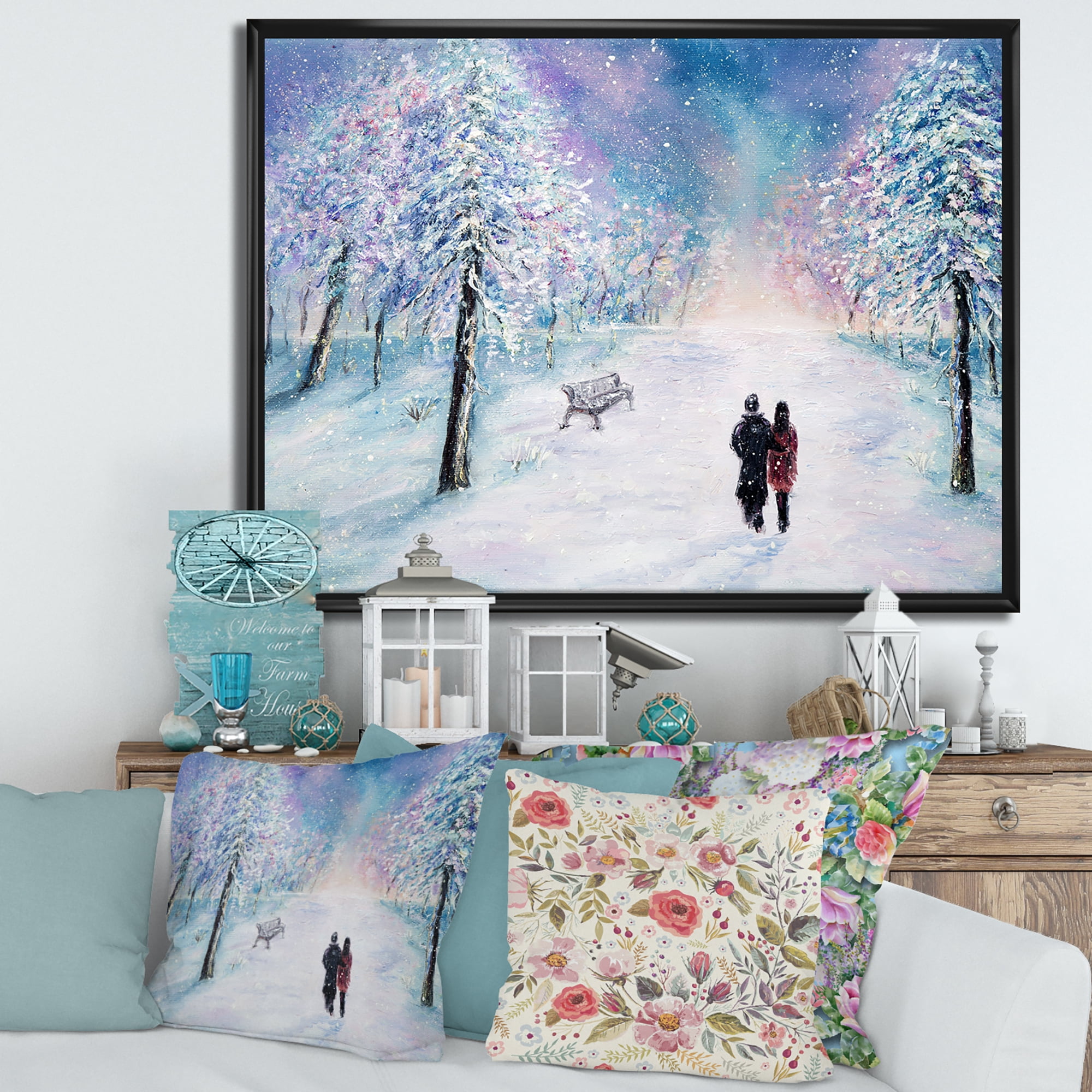 Designart 'Couple In Love Walks During Snowy Winter Times' Traditional Framed Canvas Wall Art Print