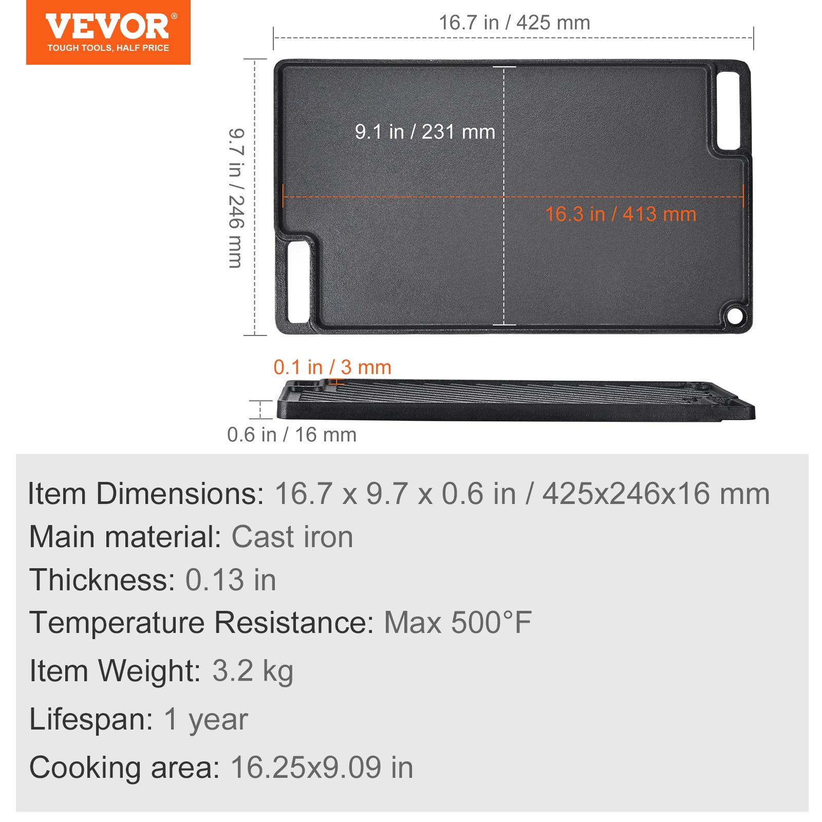 VEVOR Reversible Grill/Griddle, 9.7"x16.7" Pre-Seasoned Cast Iron Griddle, Rectangular Double Burner Griddle Pan, Non-Stick Family Pan Cookware with Handles
