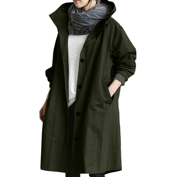 Mohiass Women's Trench Jackets Loose Winter Hooded Oversized Elegant Windbreaker Comfortable Jacket Plus Size Coat Outwear Army Green XL