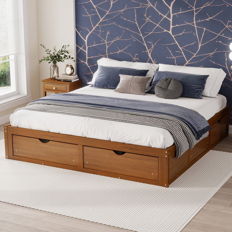 Queen/King Size No Box Spring Required Platform Bed with No Headboard, Wooden Storage Bed Frame with 6 Drawers