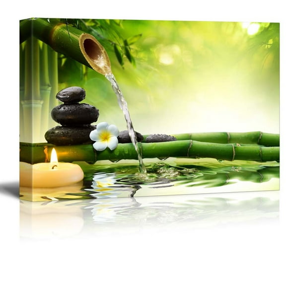 wall26 - Rocks and Flowers Over Bamboo Branches on a Lake with a Waterfall - Canvas Art Home Art - 16x24 inches