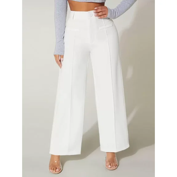 Women's Elegant High-Waisted Pleated Pants with Elastic Waistband & Button Detail - Structured Straight-Leg Office Casual Trousers