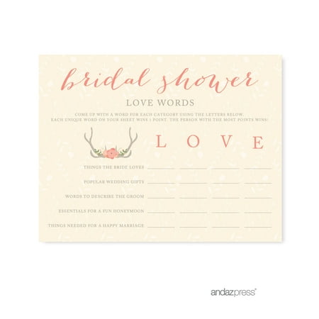 Love Words Woodland Deer Wedding Bridal Shower Game Cards, 20-Pack