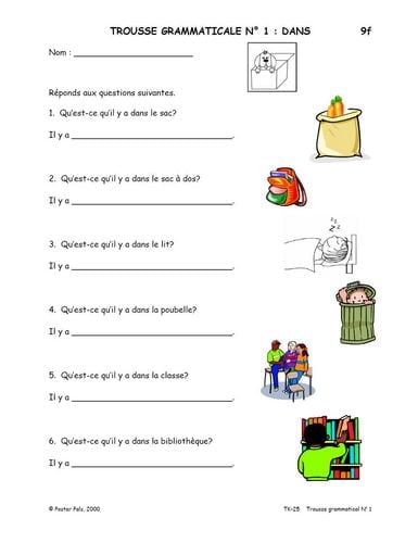 Activités reproductibles en français pour la classe de FLS sur trousse grammaticale sur No1