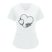 JWZUY Women Heart Graphic Print Scrubs Tops Nurse Uniforms Working Short Sleeve V Neck T-Shirt with Pockets Blouses Tee Shirts Tshirt, White M