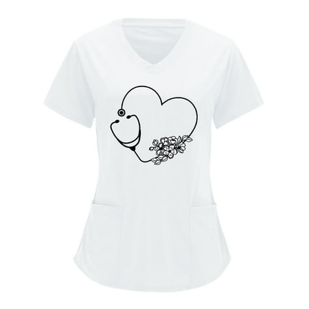 

JWZUY Women Heart Graphic Print Scrubs Tops Nurse Uniforms Working Short Sleeve V Neck T-Shirt with Pockets Blouses Tee Shirts Tshirt White XXL
