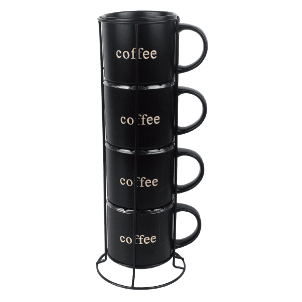 Marcelle 4 Piece Matt Black Stackable Mug Set with Strong Black Stand