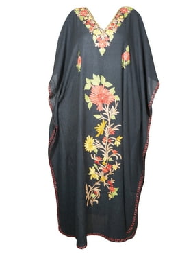 Mogul Women Maxi Caftan Dress Beautiful Black Floral Embroidered Cover Up Beach Evening Dresses 3XL