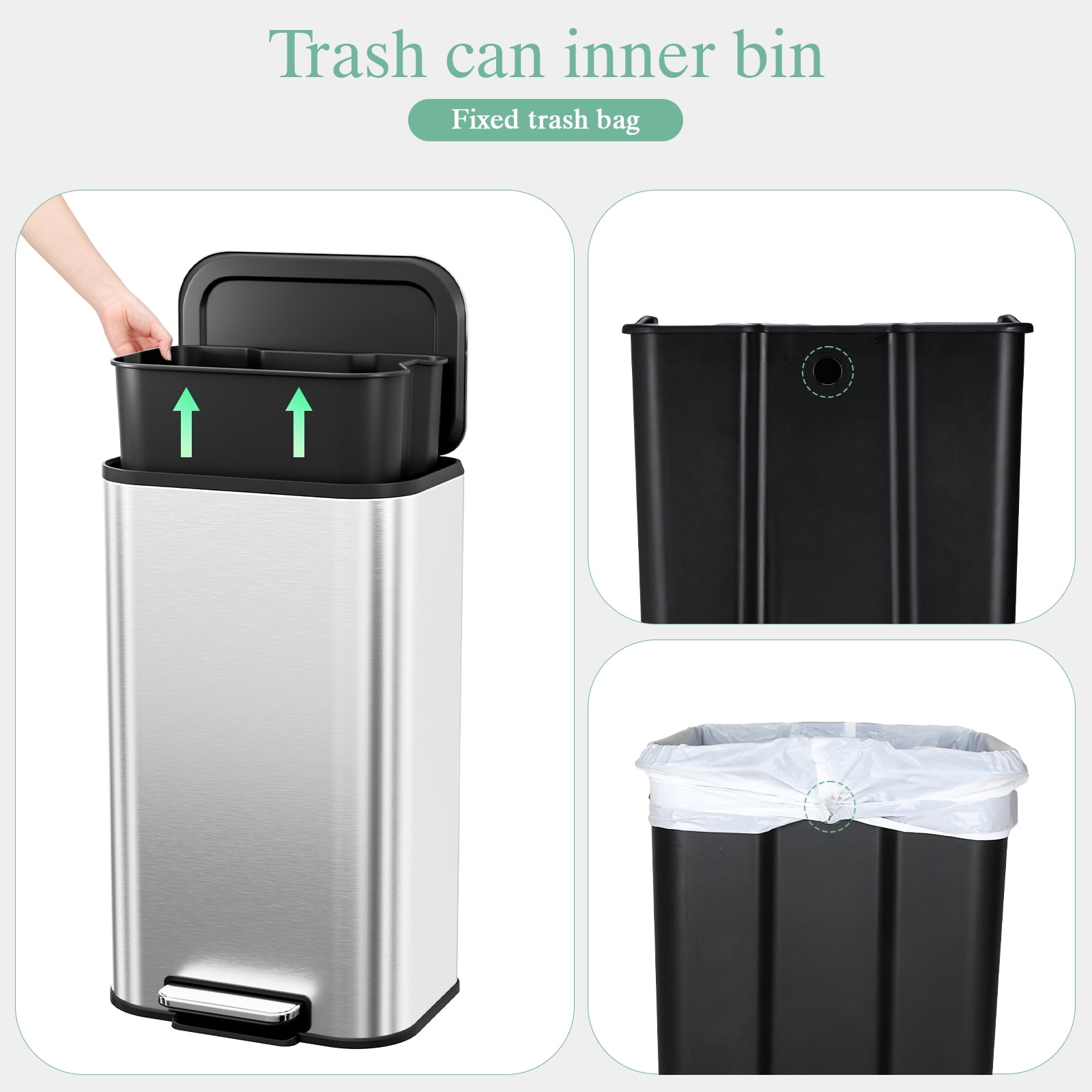 Arlopu 8 Gallon Stainless Steel Step Kitchen Trash Can with Lid, Square Garbage Can for Indoor, Silver
