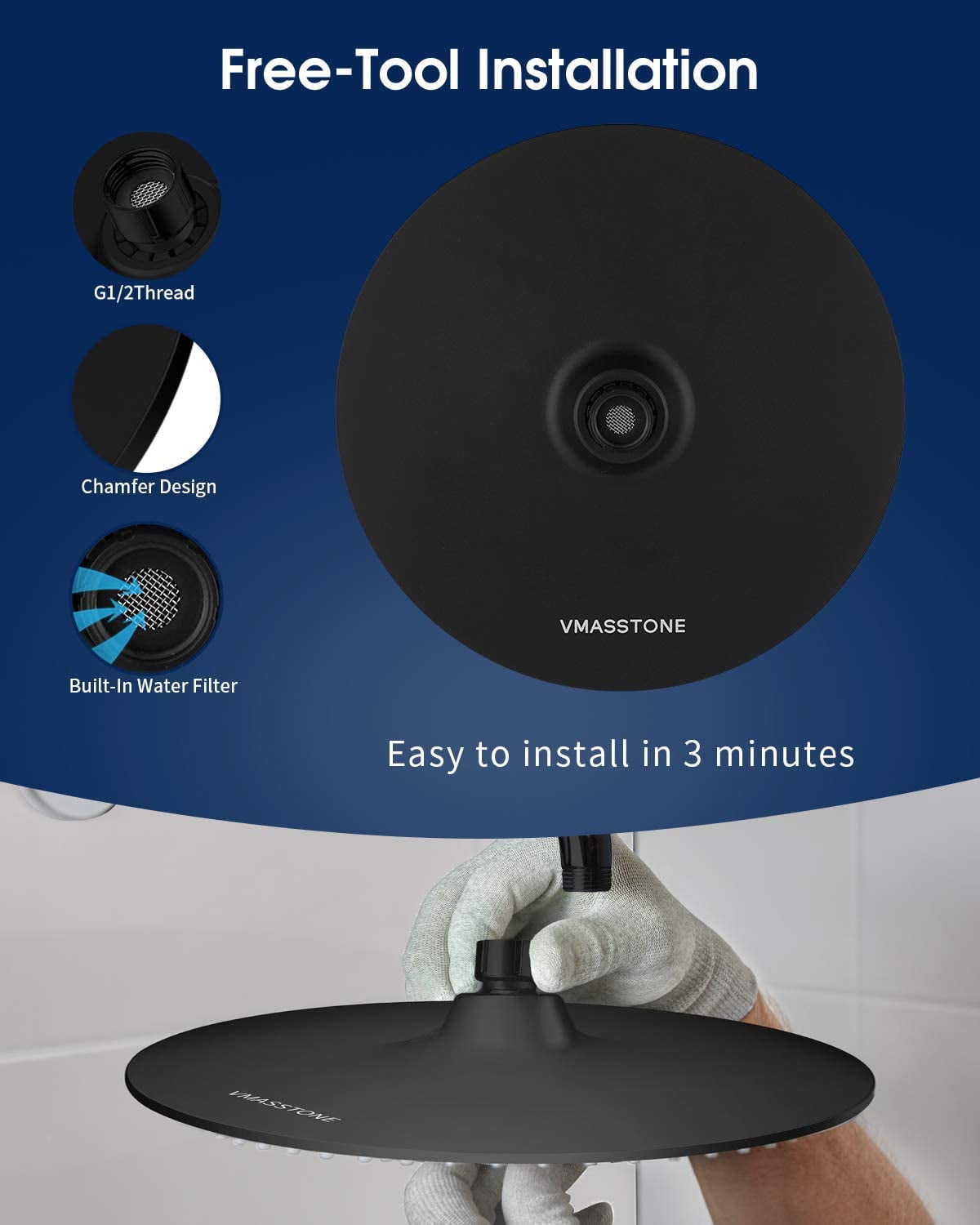 Rain Shower Head 9In High Pressure Showerhead - Tool Free Installation- with Large Spray Surfaces and 200 Nozzles for Delicate and Unstimulate Shower Experience (EM-001 Matte Black/Black)
