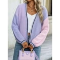 thumbnail image 6 of Women'S Color Block Open Front Cardigan Contrast Striped Chunky Cardigan Sweater Outerwear Coat Purple XL, 6 of 9