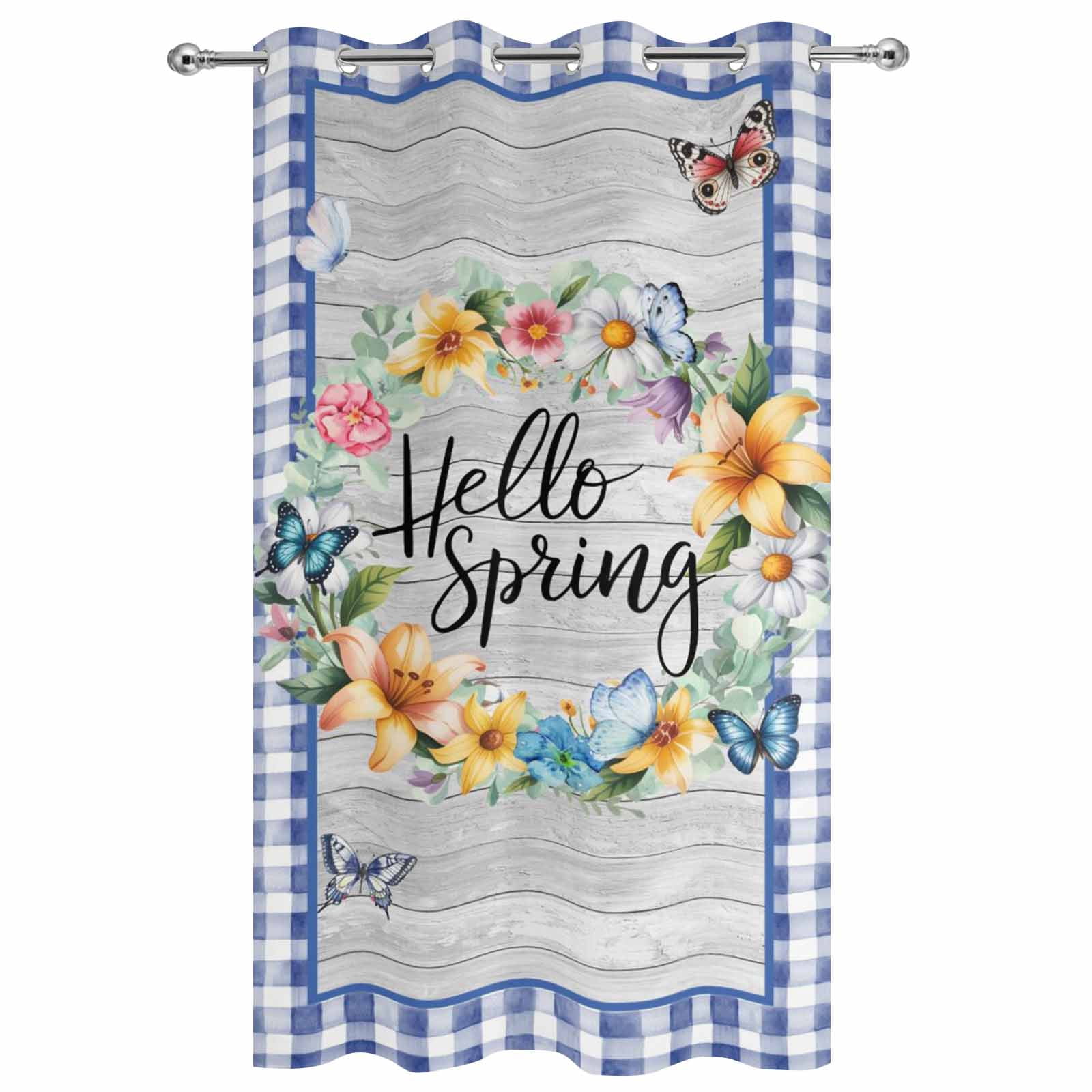 Outdoor Curtains for Patio Waterproof, Hello Spring Windproof Pravicy Outside Porch Blackout Curtain, Farmhouse Floral Eucalyptus Wood Blue Plaid Sun Blocking Grommets Curtains for Cabana 54"x108"