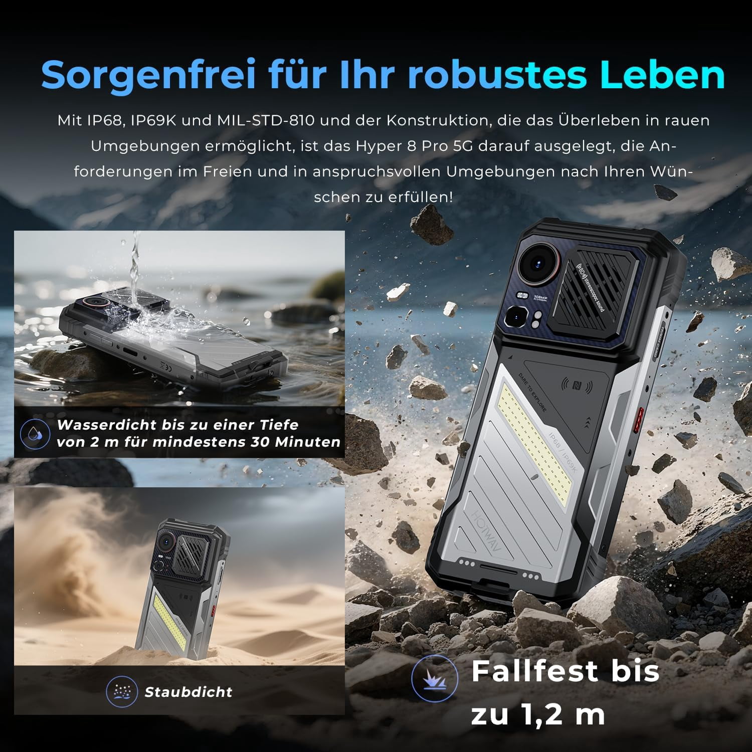 HOTWAV Hyper 8 Pro Outdoor Mobile Phone 5G, 32GB+512GB/2TB 12000mAh 55W Fast Charge, Android 15 6.8 Inch,Black