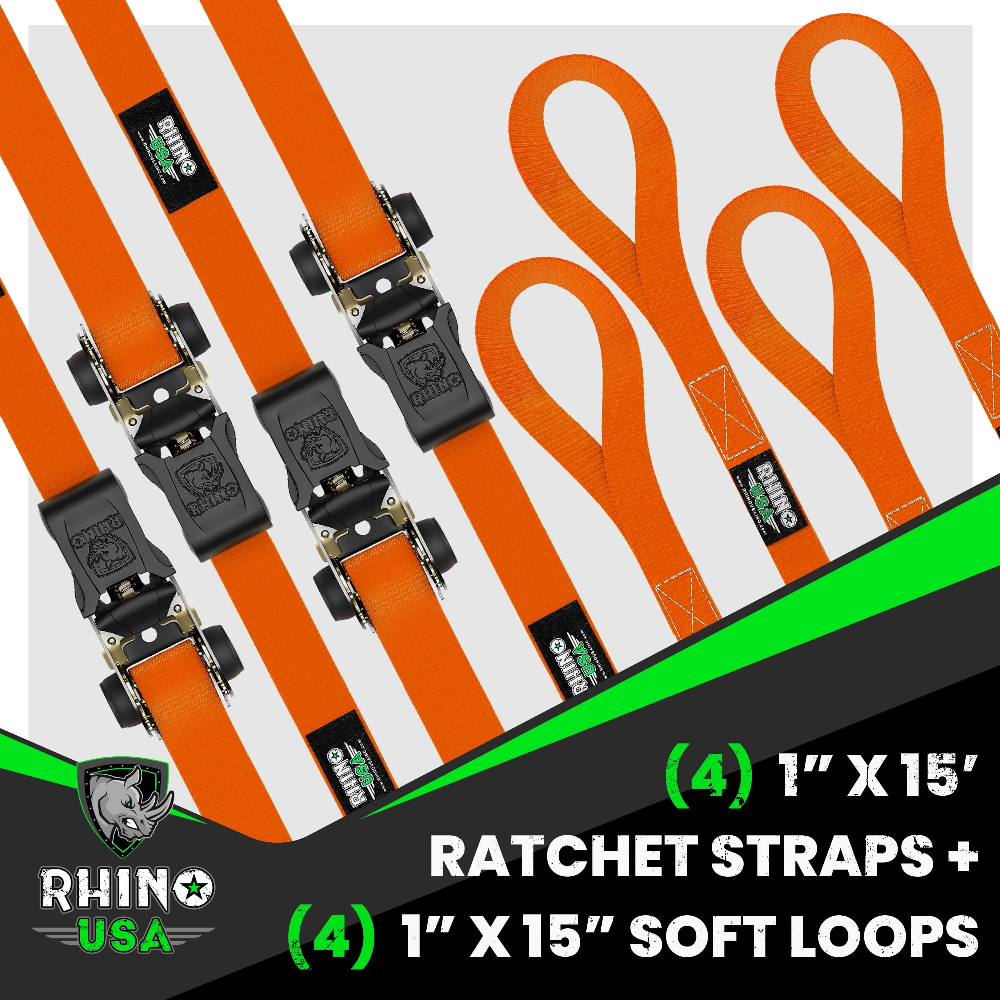 Rhino USA 1 x 15' HD Ratchet Tie-Down Set (4-Pack) - 1,823lb Max Break  Strength (4in H, 5 lb) 