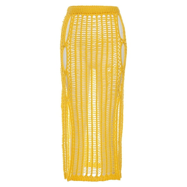 Pudcoco Women Summer Slim Fit Hollow Out High Waisted Solid Color Knit Skirt