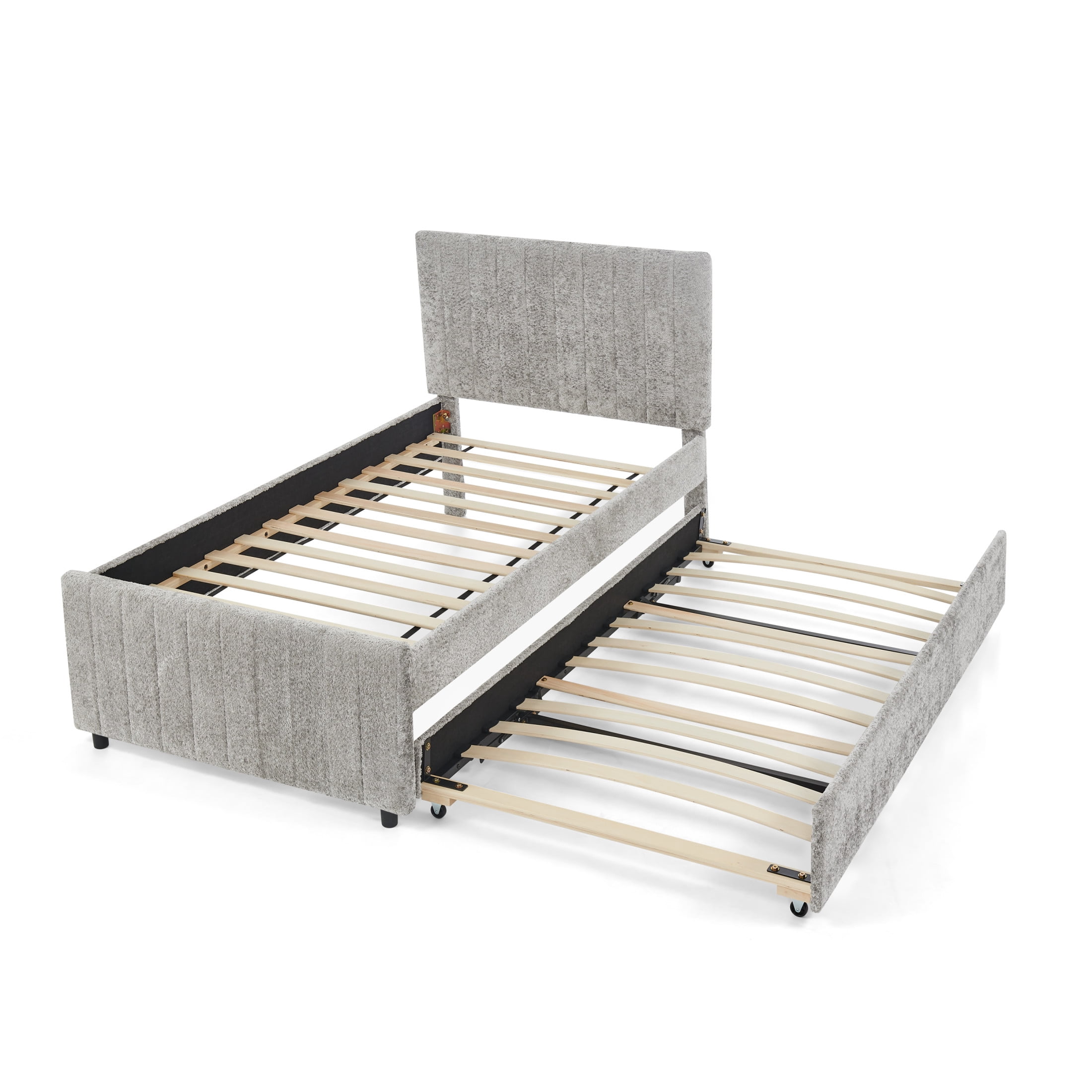 Noble House Fioren Twin Size Chenille Upholstered Bed Frame, Space Saving Daybed with Hidden Trundle, Gray
