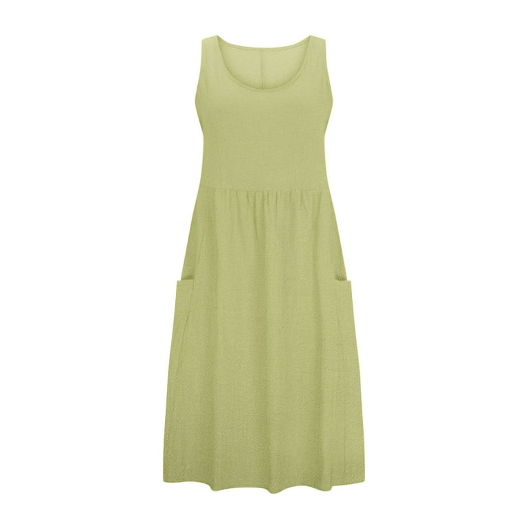 knee length dresses for ladies Amazhiyu Womens 100% Linen Summer Sleeveless Midi Tank Dresses with P main image 1