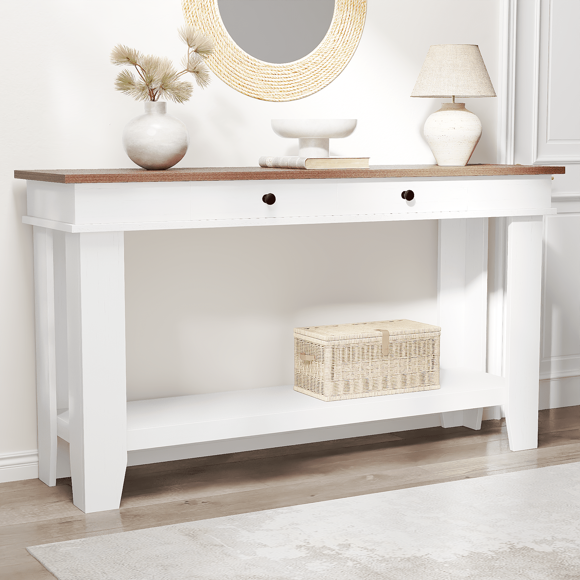 Farmhouse Entryway Console Table with Storage – 54" Wooden Sofa Table, 2 Drawers & 2 Open Shelves – Rustic Brown, Gray or Brown & White Finish – Durable, Stylish Storage for Living Room, Hallway