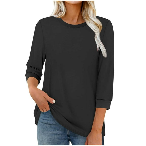 WRKEKC Long Sleeve Shirts for Women Solid Color Round Neck 3/4 Sleeves Loose Fit Casual T Shirt with Curved Hem Soft Fabric Fall Winter Top