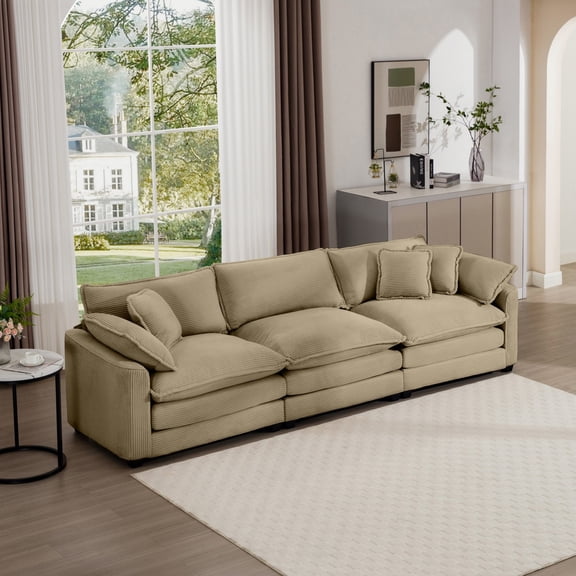 Mid-Century Modern Sofa 3-Seater Sectional Sofa with 2 Arm Pillows and 3 Throw Pillows, Corduroy Fabric (Tan)