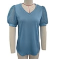 thumbnail image 1 of Blusa de verano con escote en V, mangas cortas abullonadas y detalle de encaje, verde pavo real, corte holgado, XXL, 1 of 3