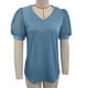 thumbnail image 1 of Camiseta con cuello en V para mujer, manga corta abombada, empalme de encaje, Color puro, holgada, camiseta de verano, verde pavo real M, 1 of 3