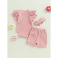 thumbnail image 4 of Coduop Toddler Baby Girls 3 Piece Clothes Set Short Sleeve Ribbed Romper Shorts and Hairband, 4 of 7