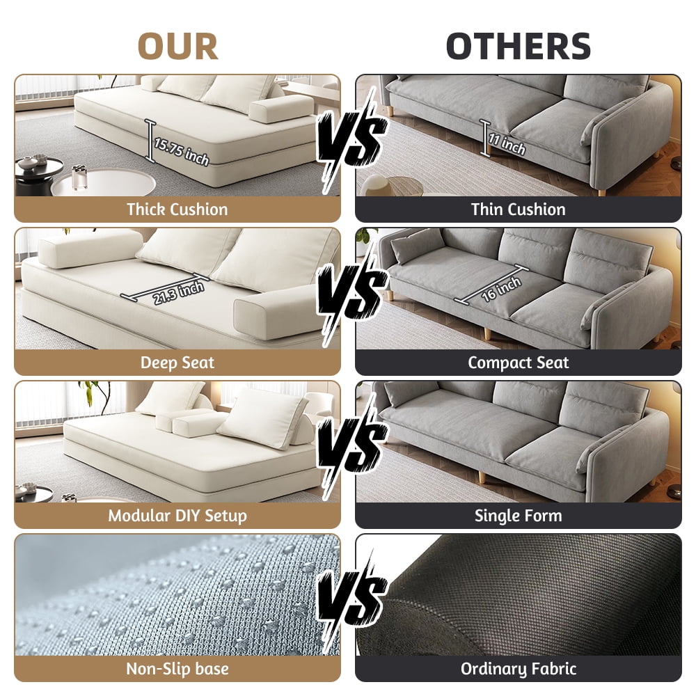 Miniyam Convertible Modular Floor Sofa Bed, Chenille Floor Couch with Backrest for Living Room, Beige